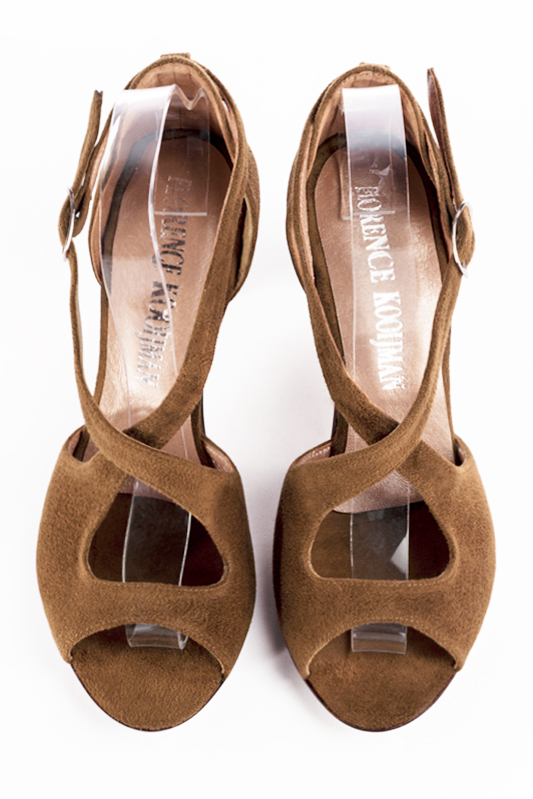 Caramel brown women's closed back sandals, with crossed straps. Round toe. High comma heels. Top view - Florence KOOIJMAN